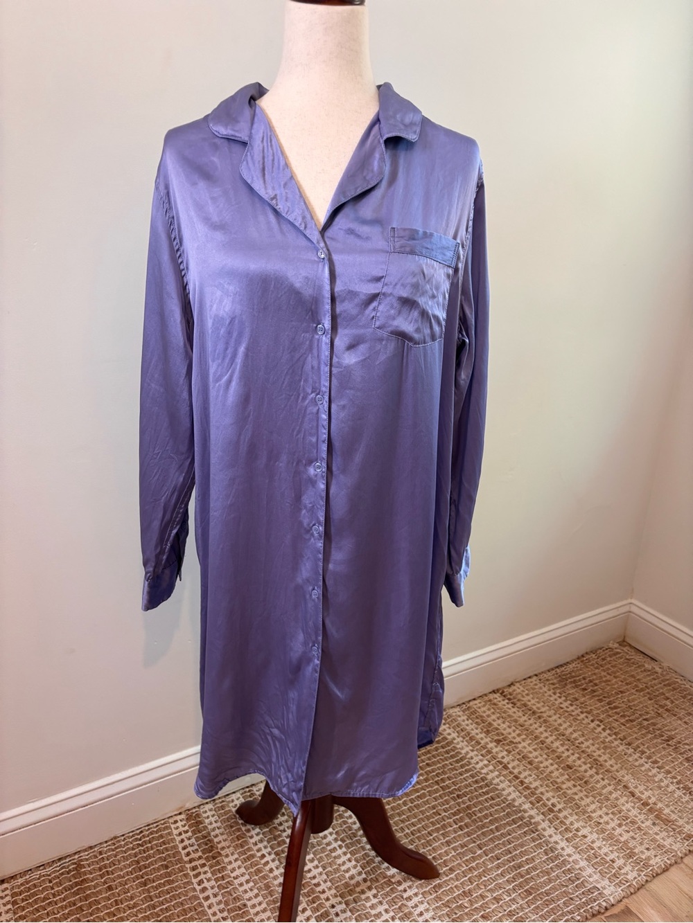 WinterSilks 100% Silk Lavender Button Front Nightshirt Slip Dress Longsleeve M